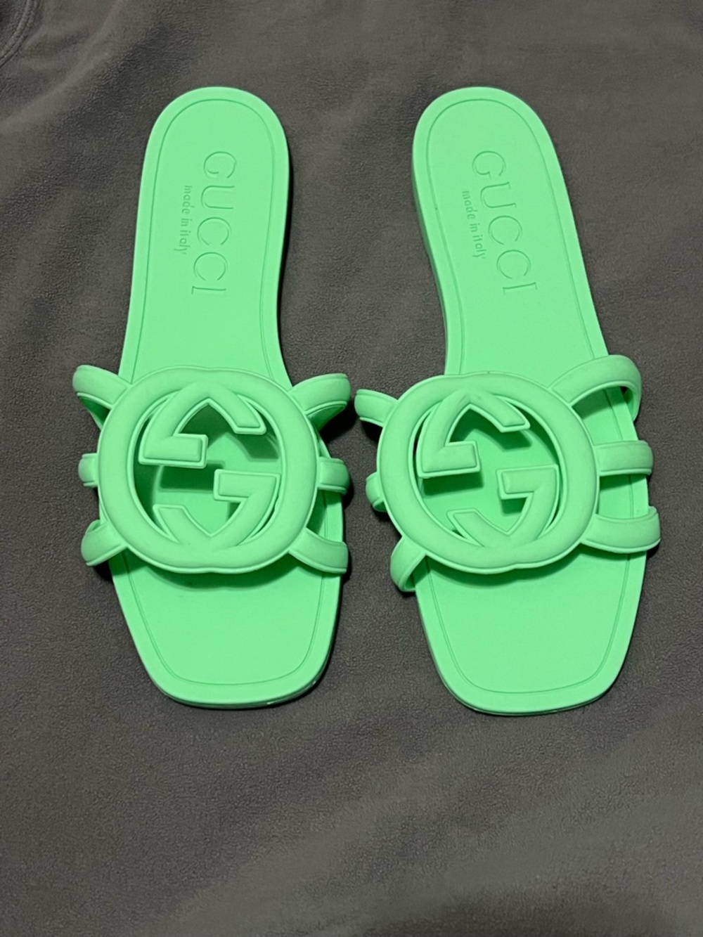 Gucci Mint Green Rubber GG Slide Sandals
